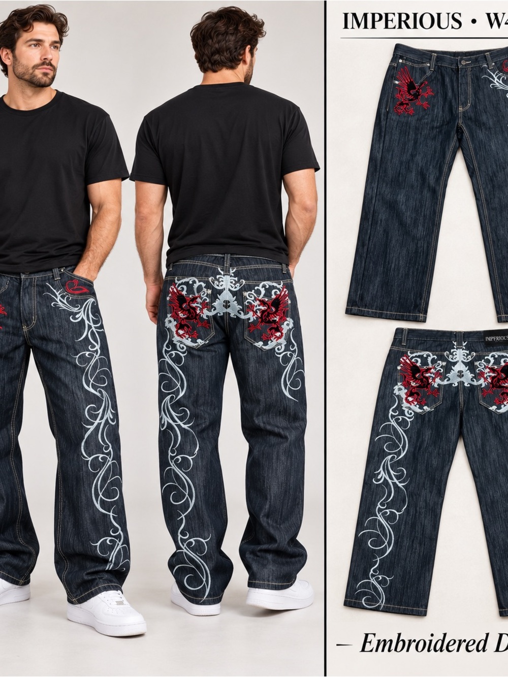 Imperious Men’s Embroidered Jeans W42 L32 Dark Wash Y2K Style